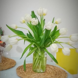 Elegant arrangement of white tulips in a minimalist beige ceramic vase on a cream linen tablecloth.