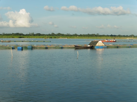 A tranquil body of water with a small floating fish farm consisting of blue barrels and wooden structures. A few people are in a boat near one of the structures, and the horizon is lined with trees under a sky dotted with clouds.