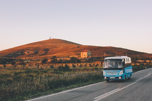 blue bus on road during daytime