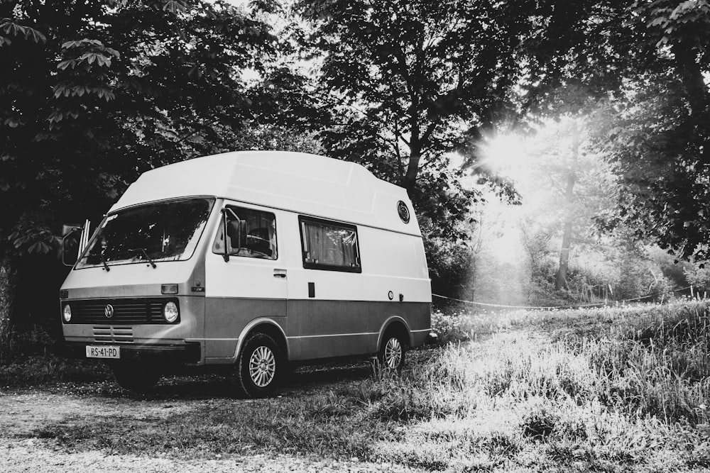 grayscale photograhy of Volkswagen T3 van