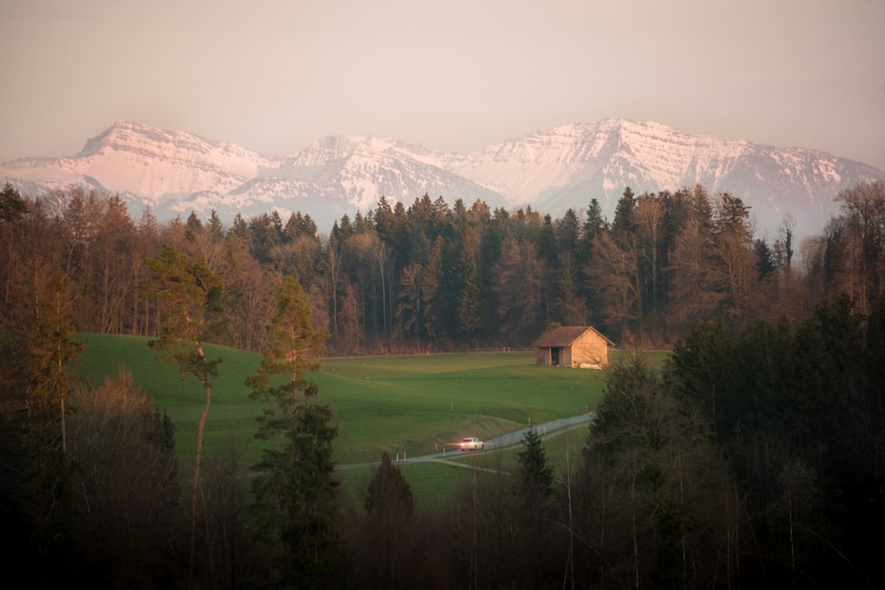 birds eye photography of house on green grass field near trees and mountain