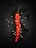 A sliced red chili pepper is arranged vertically on a dark surface with scattered seeds around it. Water droplets can be seen on the surface, adding a fresh look.