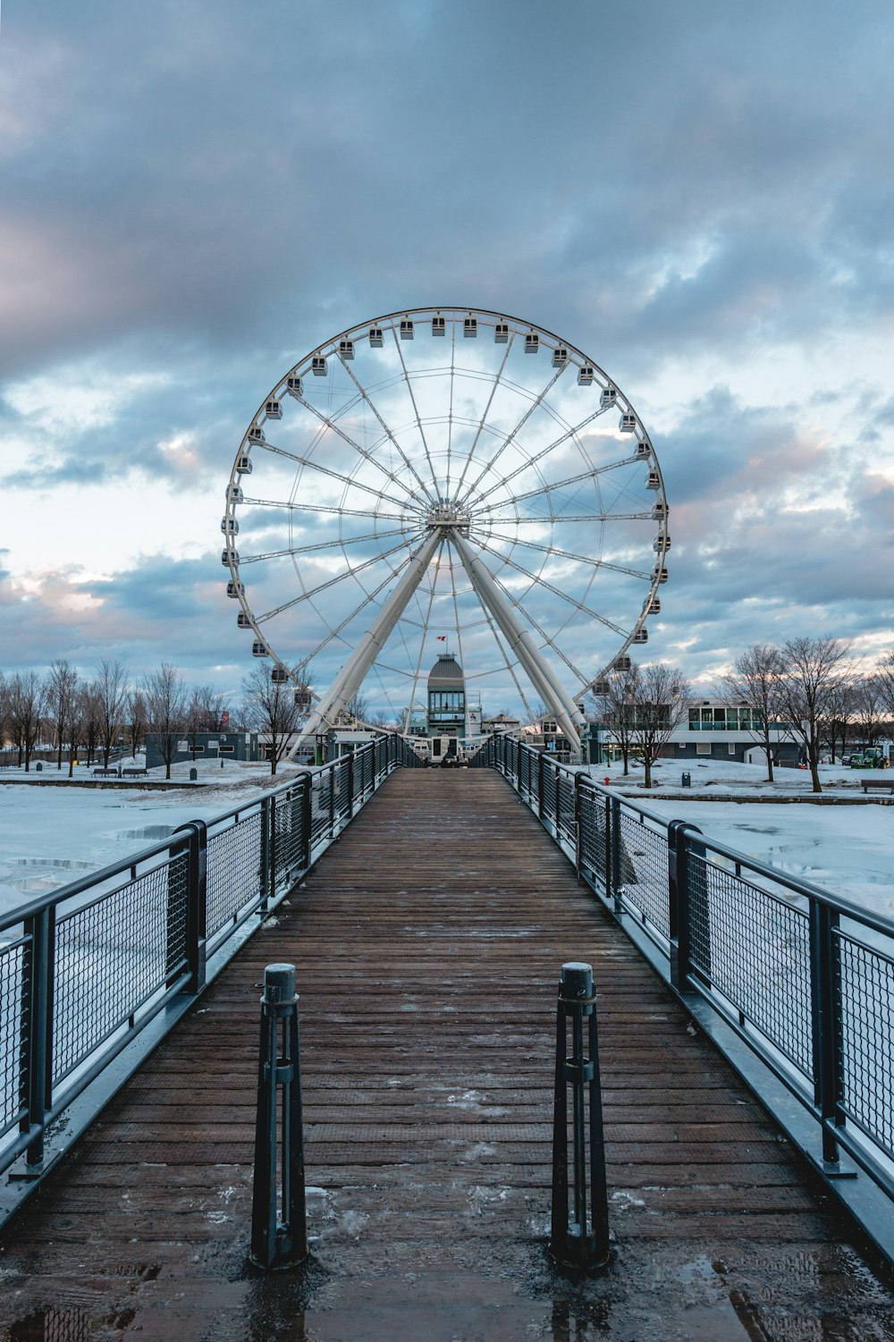 a large ferris wheel sitting on top of a snow covered field