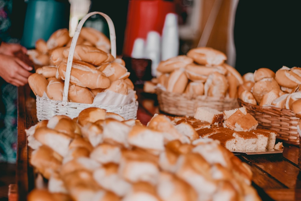 brown pastries on woven baskets