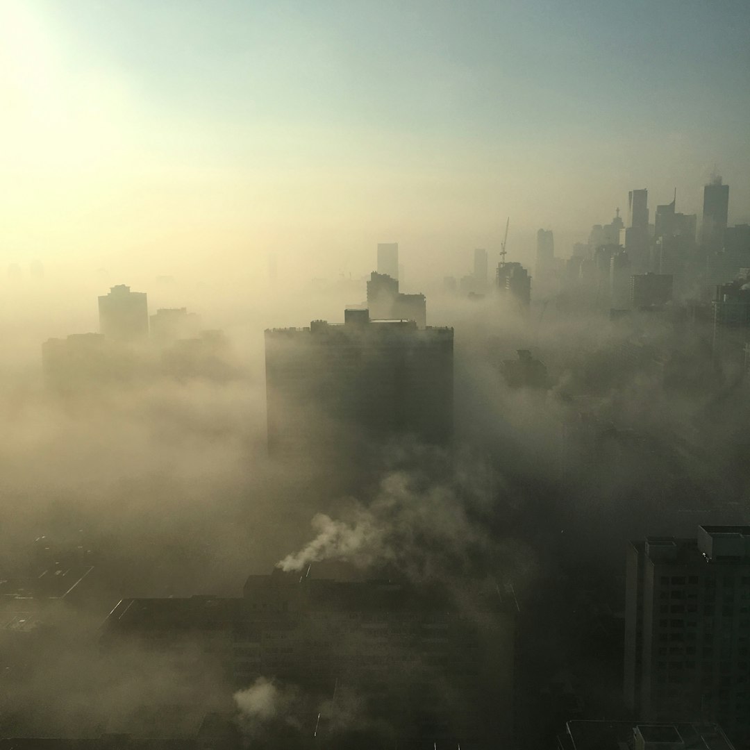 city with high-rise building covered with fogs