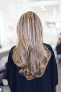 Long, wavy hair with blonde and light brown highlights cascading down the back of a person wearing a dark top. The background is a blurred indoor setting, suggesting a salon environment.