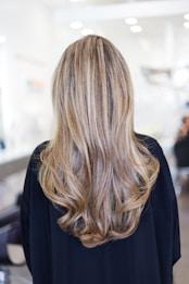 Long, wavy hair with blonde and light brown highlights cascading down the back of a person wearing a dark top. The background is a blurred indoor setting, suggesting a salon environment.