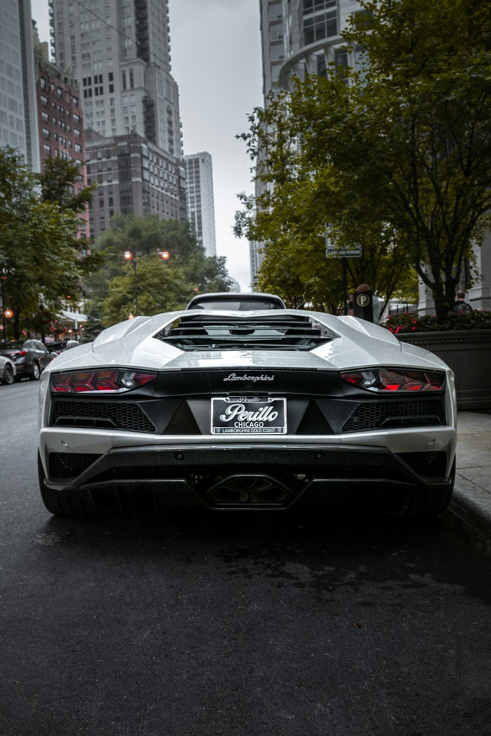 white Lamborghini supercar parked on the side of street