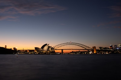 A serene view of a cityscape at dusk featuring the iconic Sydney Opera House with its distinct sails and the Sydney Harbour Bridge illuminated against the darkening sky. The skyline is lit up with city lights, reflecting a calm and peaceful atmosphere as daylight fades.