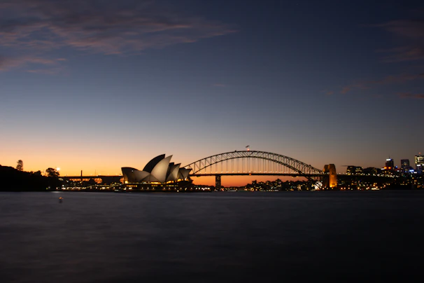 A sleek Sydney skyline at dusk with a subtle overlay of global connection lines.