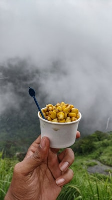 A hand holds a small white cup filled with seasoned corn kernels, with a blue disposable spoon sticking out from the cup. In the background, there is a misty, fog-covered natural landscape with green foliage visible.