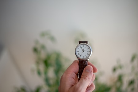 A hand is holding a wristwatch with a classic design, featuring a white face, Roman numerals, and a brown leather strap. The background is softly blurred with hints of greenery, suggesting the presence of plants.