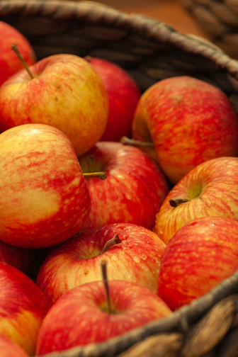 A vibrant basket overflowing with ripe, colorful apples glistening in natural light.