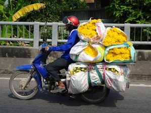 A person wearing a red helmet rides a blue motorcycle. The motorcycle is heavily loaded with large bags of bright yellow flowers. The backdrop includes green foliage and a gray barrier, suggesting movement on a road or highway.