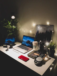 A cozy home office setup featuring a sleek laptop and stylish accessories from Amazon