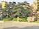 A meticulously landscaped garden featuring carefully trimmed trees with lush, rounded canopies. Large ornamental rocks are strategically placed throughout the garden, which is enclosed by a low stone fence. The setting is sunlit, casting soft shadows on the neatly paved ground.