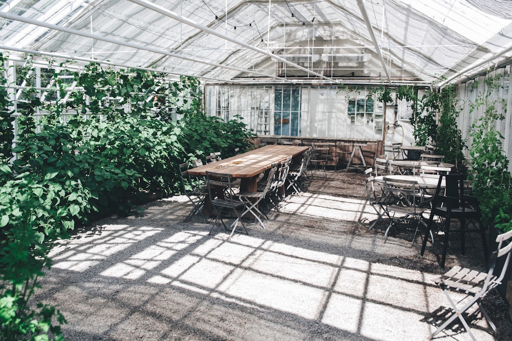 brown wooden table inside building interior