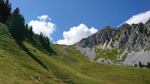 A serene mountain landscape with a winding trail under a clear blue sky.