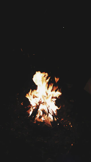 A flickering campfire glowing amber against a dark Appalachian forest at night.