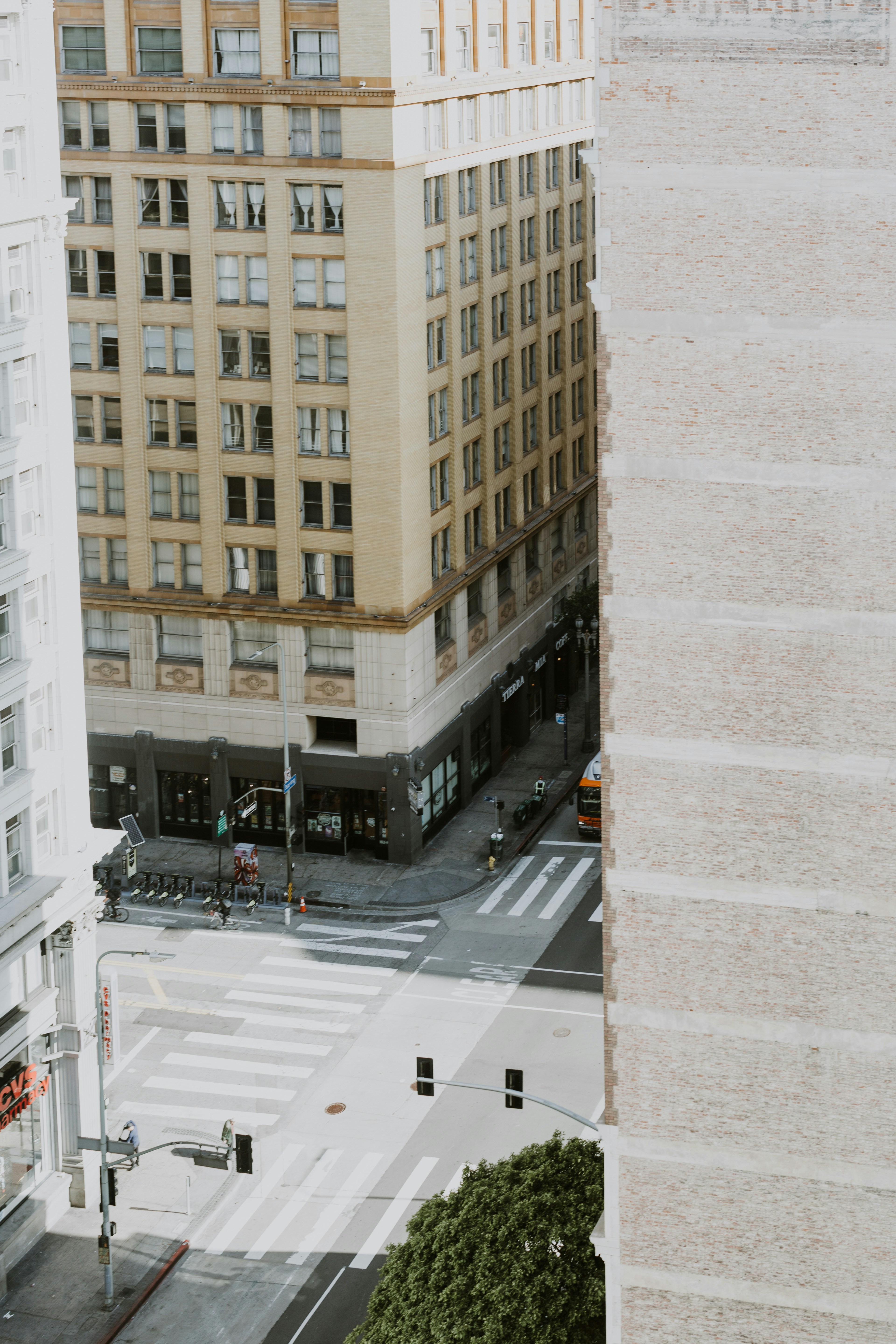 a view of a city street from a tall building