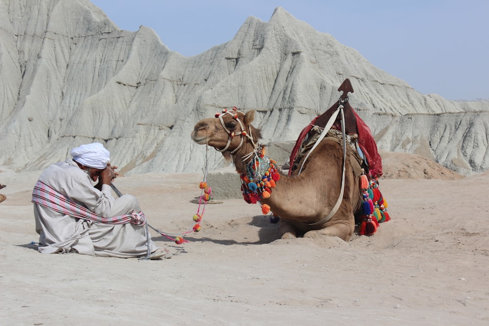 man sitting on road in front camel during daylight