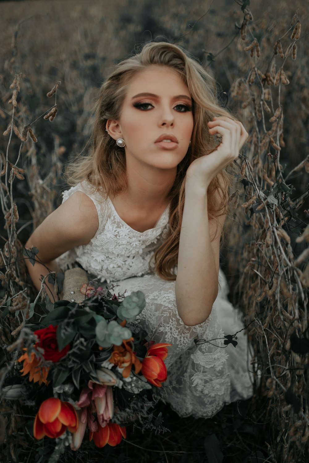 woman in white floral dress