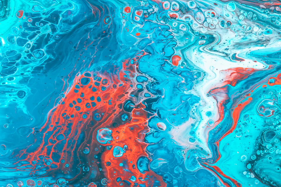 Vibrant abstract painting features chaotic yet harmonious blend of blue and red hues prominently