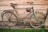 An old, vintage bicycle with rusted metal parts and a well-worn leather seat is leaning against a wooden wall. The bicycle has a green front fork and is positioned on a patch of greenery.
