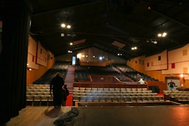 A theater with tiered seating is viewed from the stage. The seats are upholstered in dark fabric, with rows extending up the sloped floor. The walls are wooden with some decorative elements, and the lighting is dim. A few people are dispersed throughout the theater, with one person standing near the stage.