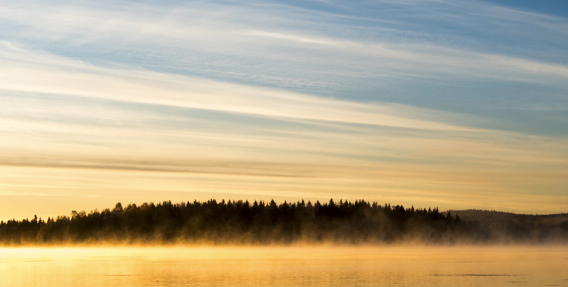 A minimalist landscape with soft morning fog hovering over a quiet lake.