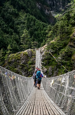 people walking on grey rope bridge during daytime