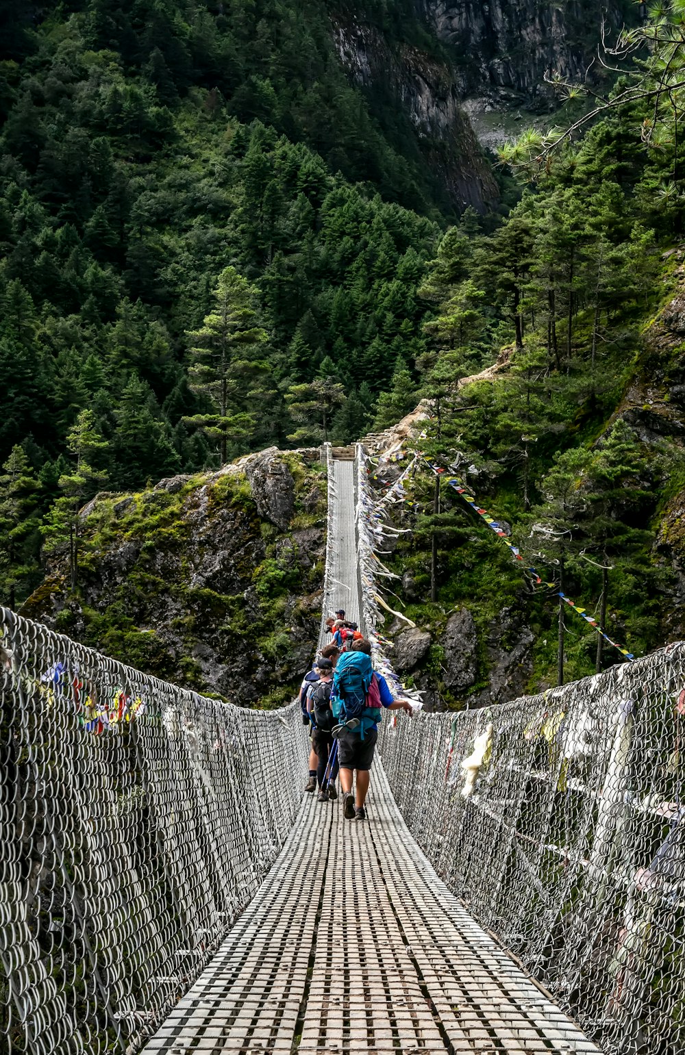 昼間、灰色のロープ橋の上を歩く人々
