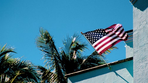 An American flag is mounted on a light blue stucco building, fluttering in the wind against a clear blue sky. In the foreground, palm trees with lush green fronds are visible, suggesting a warm climate.