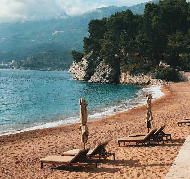 empty outdoor loungers near shore