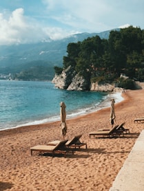 empty outdoor loungers near shore