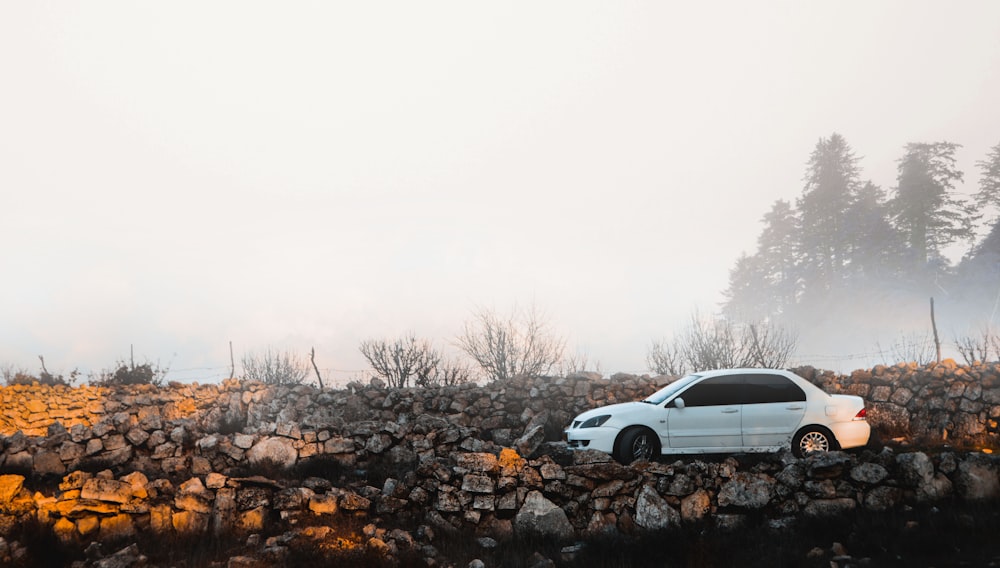 white Pontiac sedan parked near rock formation