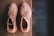 A pair of stylish, knitted sneakers in a peachy color are placed side by side on a wooden surface. The footwear features intricate patterns and laces, suggesting a modern and trendy design.