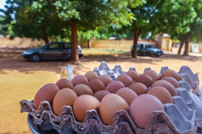 A tray of brown eggs is placed outdoors on a table, with the background featuring parked cars and trees under a clear sky. The setting appears dusty and sunlit, giving a warm and natural atmosphere.
