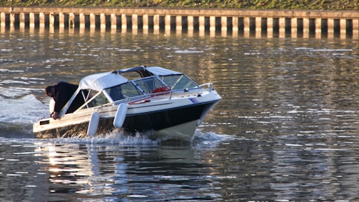 A small motorboat is moving swiftly across a body of water. The boat has a white and dark-colored hull, and a person is seated at the back, adjusting something on the boat. The water is reflecting the sunlight, creating a shimmering effect. In the background, there is a wooden or concrete barrier along the shoreline.