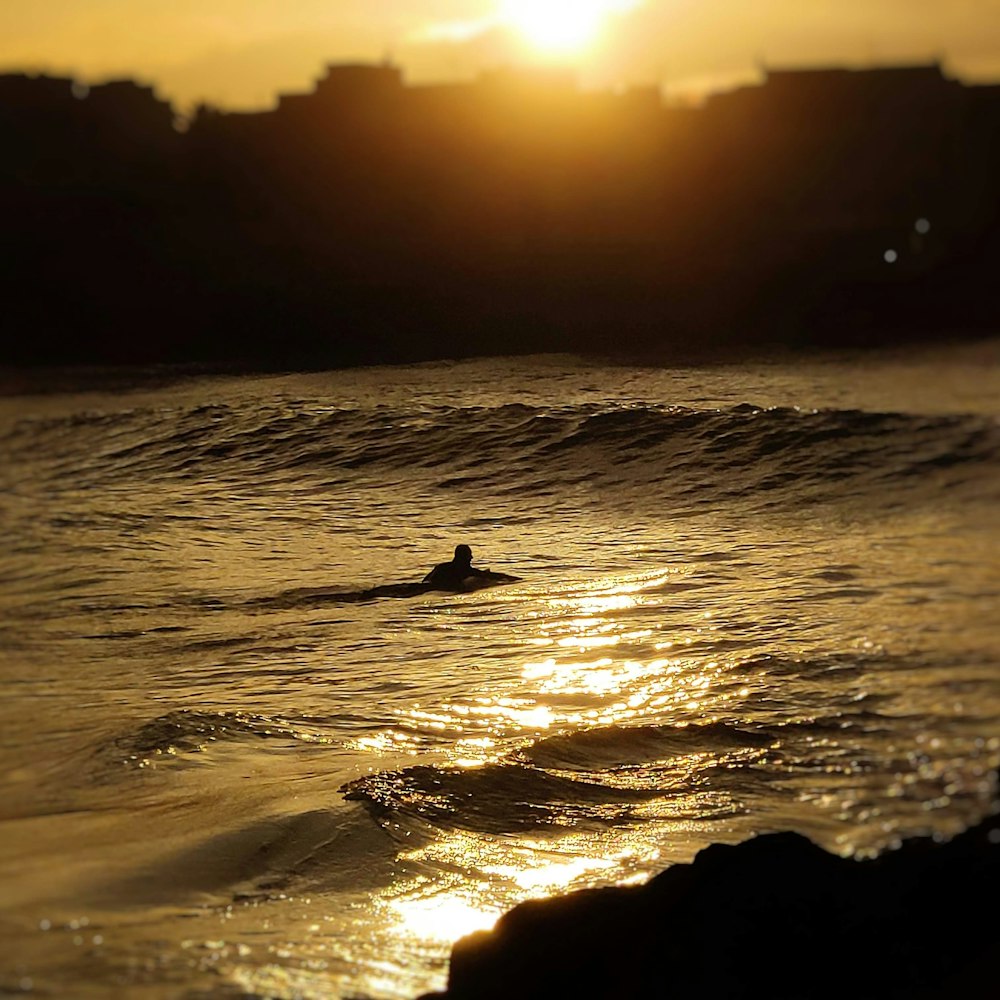 a person swimming in the ocean at sunset