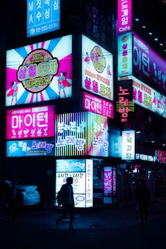 Bright neon signs illuminate a street scene at night, featuring colorful advertisements in a mix of Korean and English. Vibrant images and text cover several signs, promoting various entertainment venues and shops. People walk past, silhouetted against the glowing lights.