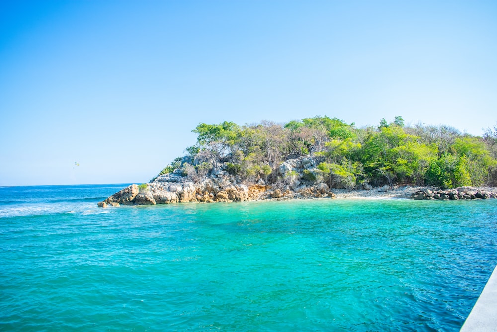 calm sea near rock formation surrounded with trees under blue sky