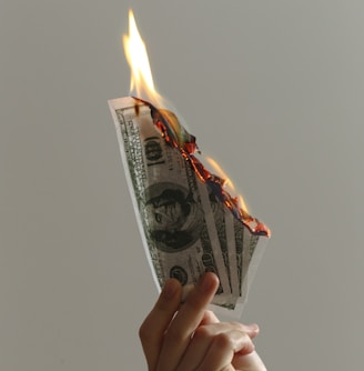 person holding lighted dollar bills