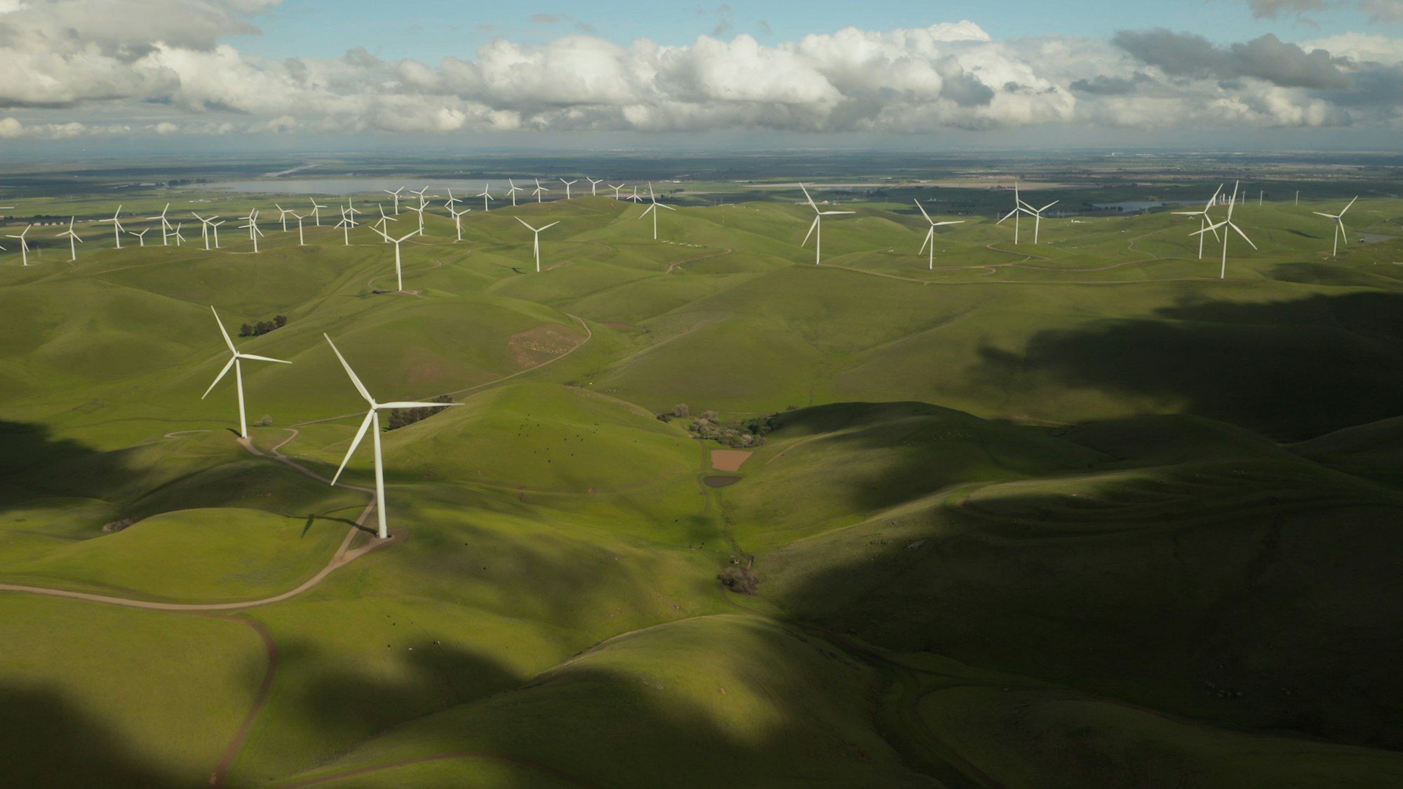 Rolling green hills, studded with cloud shadows, are covered in large white wind turbines.