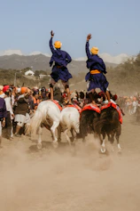 two person standing on white horses surrounded with people