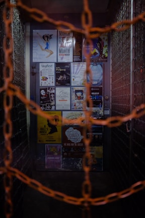 A dimly lit area is surrounded by metal chains with a wall covered in various posters and flyers. These posters include advertisements for events, performances, and other community activities. The atmosphere is somewhat gritty and urban.