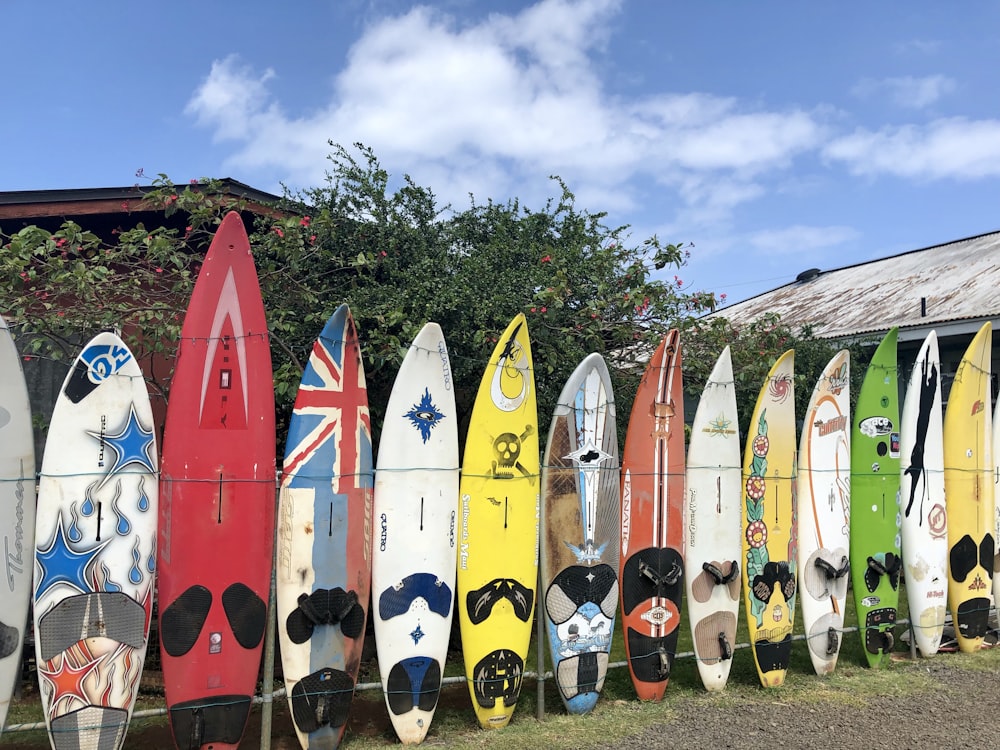 assorted-color surfboard standing under white and blue sky