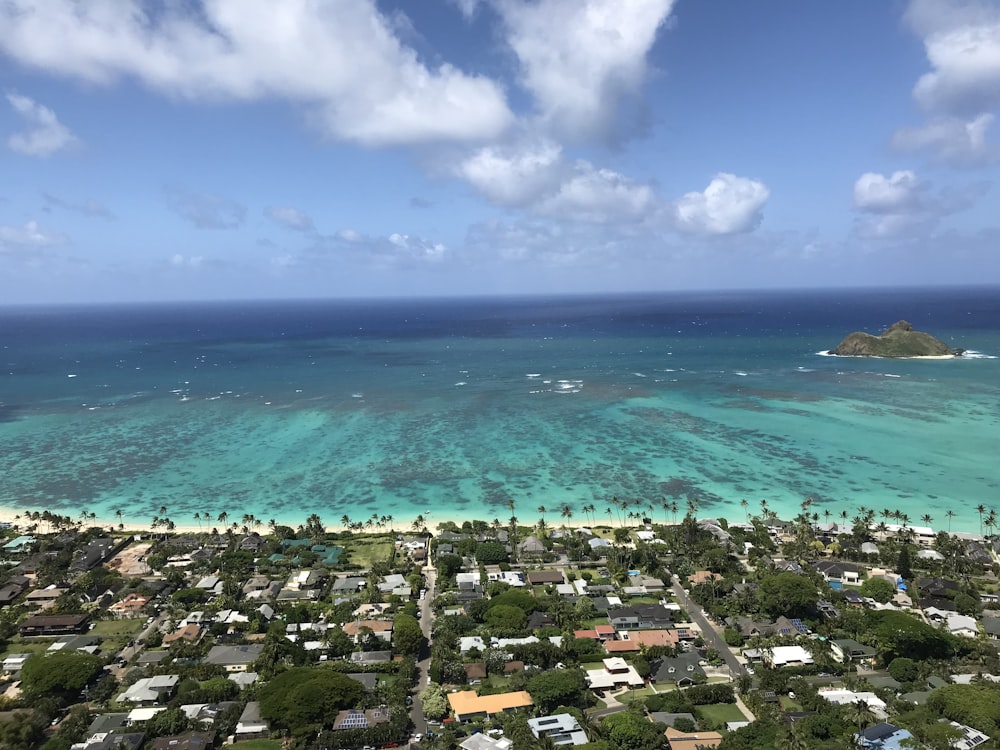 bird's-eye view photography of city near beach