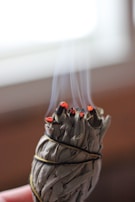 A bundle of dried sage leaves wrapped with twine is partially burnt, with visible glowing embers and thin streams of smoke rising upwards. The lighting highlights the texture of the leaves and the gentle movement of the smoke, giving a sense of calm and ritual.