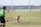 A soccer match is taking place on a grassy field. One player in a red and white uniform is kneeling on the ground near a soccer ball, appearing to recover from a fall. Another player in a beige uniform is also on the ground. A referee in a green and black uniform is observing the scene. There are several players in the background, some running and others standing. A blurred cityscape and bridge are visible in the distance.